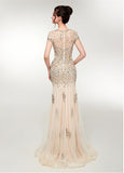 Tulle Scoop Champagne Short Sleeve Mermaid Prom Dress