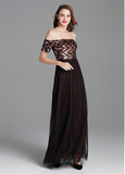Tulle Off-the-shoulder Brown Short Sleeve A-line Prom Dress