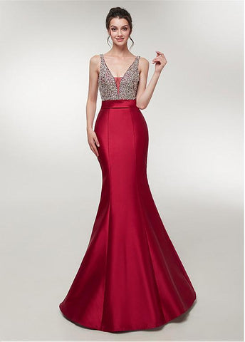 Satin V-neck Wine Red Mermaid Evening Dress