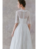Vintage Lace Tea Length Collar Half Sleeves Wedding Dress