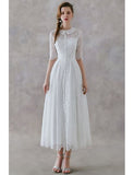 Vintage Lace Tea Length Collar Half Sleeves Wedding Dress