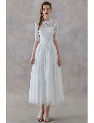 Vintage Lace Tea Length Collar Half Sleeves Wedding Dress
