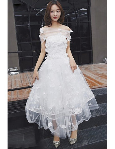 Tulle Tea Length Off The Shoulder Wedding Dress with Flowers