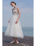 Appliques Tea Length Tulle Sheer Neckline Wedding Dress