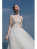 Appliques Tea Length Tulle Sheer Neckline Wedding Dress