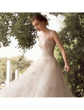Appliques Tea Length Tulle Sheer Neckline Wedding Dress