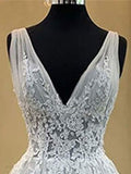 V Neck Lace Tulle Appliues Gray Wedding Dress
