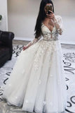 Ivory V Neck Long Sleeves  Appliques Wedding Dress