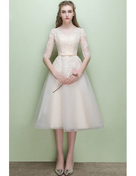 champagne reception dress Champagne Tulle A Line Wedding Dresses Sheer Neck Elegant Bridal Gowns Vestido De Noivas DW235 -