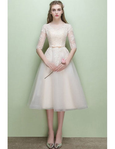 Light Champagne Lace Half Sleeve Tea Length  Wedding Reception Dress