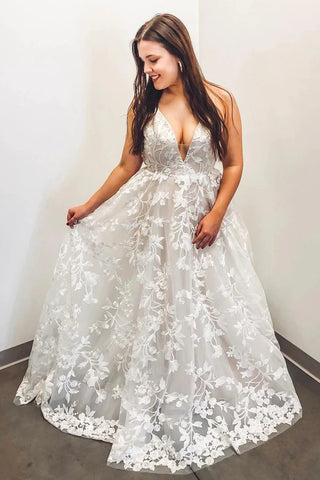 Spaghetti Straps Lace Boho Floral Wedding Dress