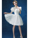 Short Round Neck Lace Bubble Sleeves Wedding Party Dress