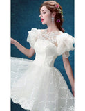 Short Round Neck Lace Bubble Sleeves Wedding Party Dress