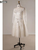 Champagne 3/4 Sleeve Short Plus Size Lace Appliques Wedding Dress