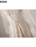 Champagne 3/4 Sleeve Short Plus Size Lace Appliques Wedding Dress