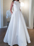 High Neck Satin Princess Backless Wedding Dress With Pockets