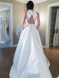 High Neck Satin Princess Backless Wedding Dress With Pockets