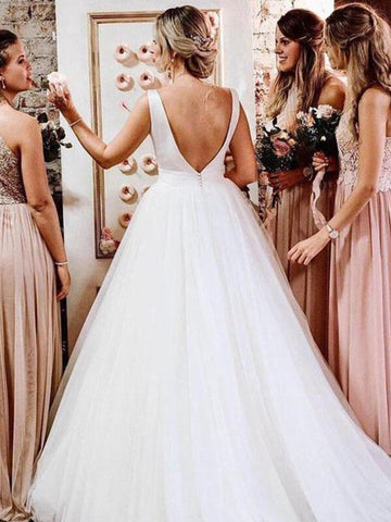 Scoop Tulle Backless Button A Line Wedding Dress