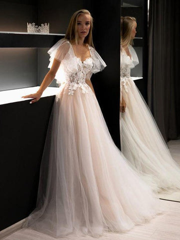 Cap Sleeve Tulle Appliques Pink A Line Wedding Dress
