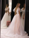 Cap Sleeve Tulle Appliques Pink A Line Wedding Dress