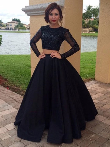 Black Ball Gown Long Sleeves Beading Prom Dress