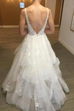 Ivory V Neck Lace Applique Tulle Bridal Wedding Dress