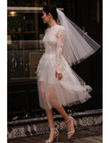 See-through Long Sleeves Short Tulle Short Wedding Dress