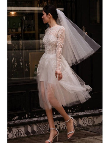 See-through Long Sleeves Short Tulle Short Wedding Dress