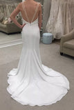 Satin Trumpet Backless Sheer Neck Mermaid Wedding Dress