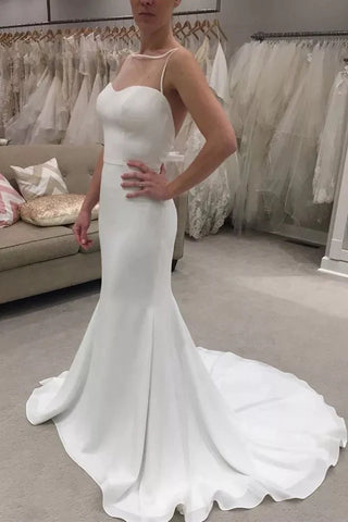 Satin Trumpet Backless Sheer Neck Mermaid Wedding Dress