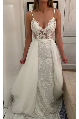 V-Neck Lace Beach Spaghetti Straps Detachable Train Wedding Dress