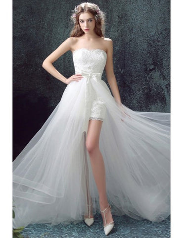 Strapless Long Detachable Skirt Lace Short Bridal Wedding Dress