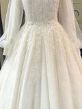 High Neck Long Sleeves Tulle Appliques Wedding Dress