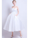 Ball gown Vintage Satin Tea Length Wedding Dress with Pockets