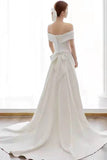 Ivory Off The Shoulder Satin Wedding Dress With Slit