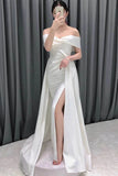 Ivory Off The Shoulder Satin Wedding Dress With Slit