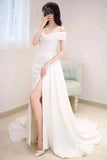 Ivory Off The Shoulder Satin Wedding Dress With Slit