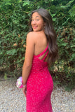 One Shoulder Sequin Mermaid Hot PinkProm Dress With Slit
