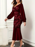Burgundy Long Sleeve V Neck Bodycon Dress