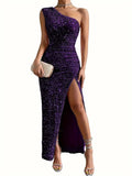 Burgundy One Shoulder Bodycon Sequin Prom Dress With Slit