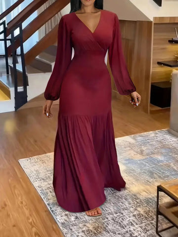 Burgundy Ruched Long Sleeve Maxi Party Dress