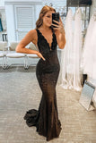 Sparkle Rhinestone Black Mesh V Neck Mermaid Prom Dress