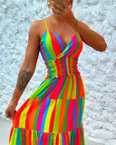 Adjustable Straps Eye-Catching Striped Maxi Dress