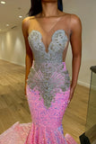 Pink Sequins V-Neck Beading Mermaid Prom Dress