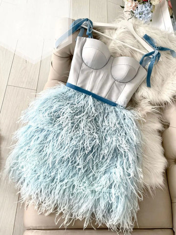 Straps Short Mini Blue Feather Homecoming Dress