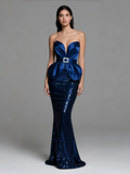 Trumpet Mermaid Belt Royal Blue Sequin Prom Dress
