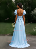 Square Neck Satin Light Blue Puffy Sleeve Prom Dress With Slit