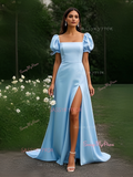 Square Neck Satin Light Blue Puffy Sleeve Prom Dress With Slit