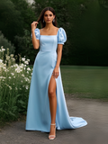 Square Neck Satin Light Blue Puffy Sleeve Prom Dress With Slit