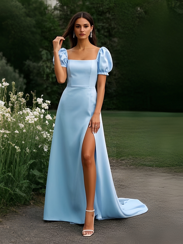 Square Neck Satin Light Blue Puffy Sleeve Prom Dress With Slit US2 / Champagne Square Neck Satin Light Blue Puffy Sleeve Prom Dress With Slit US2 / Champagne